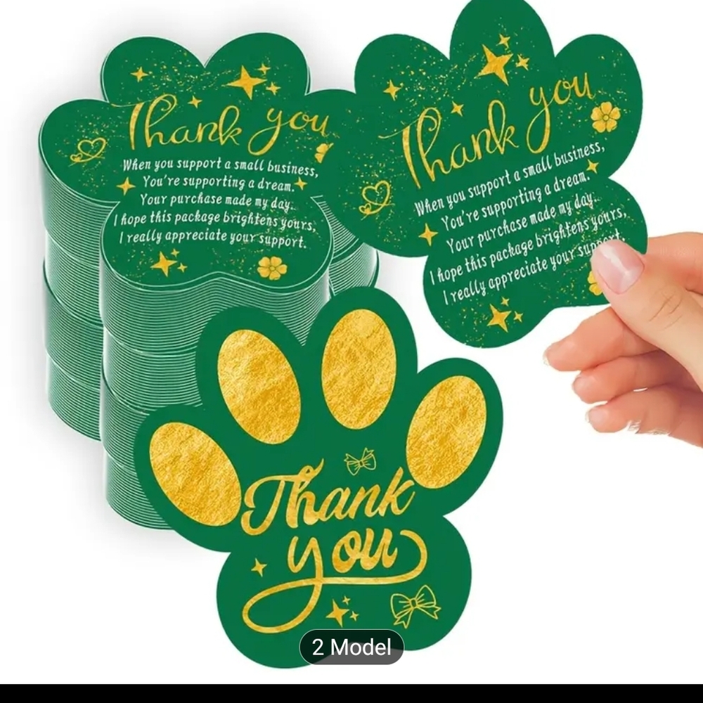 50 Count Green & Gold Paw Print Thank You Cards 3" New